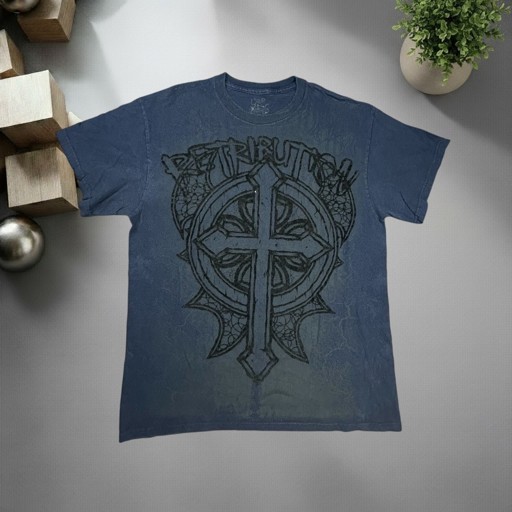 Vintage Y2K Chemistry Graphic T-Shirt Large Blue Flocked Cross Grunge Skater